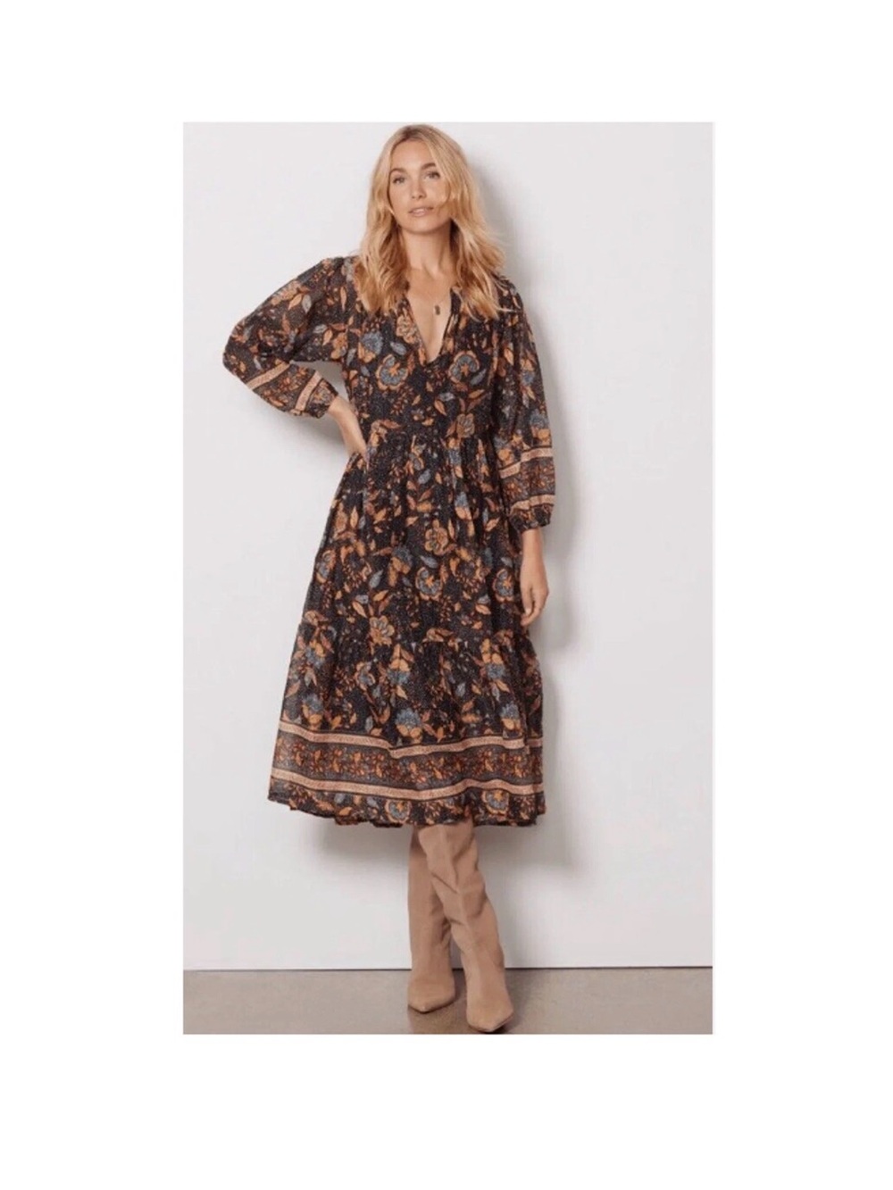 Sundry For Evereve Black Floral Boho Quarter Sleeve Midi Dress Size 2